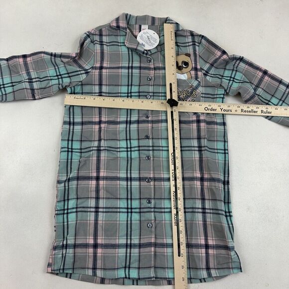 NWT Justice Blue Pink Plaid Button Front Pajama Night Shirt Dress L/S Flannel 8 - Picture 2 of 9